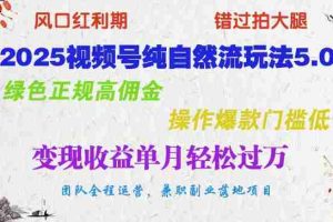 2025视频号纯自然流玩法5.0，绿色正规高佣金，操作爆款门槛低，变现收益单月轻松过万