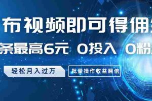 发布视频即可得佣金，一条最高6元，0投入0粉丝，月入过万，批量操作收益翻倍