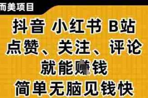 小而美的项目，抖音小红书B站视频点赞、关注、评论就能挣钱，简单无脑立见收益，妥妥的零撸项目【揭秘】
