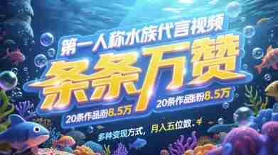 第一人称水族代言视频，条条万赞，20条作品涨粉7.8W，多种变现方式月入五位数