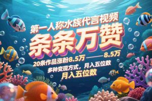 第一人称水族代言视频，条条万赞，20条作品涨粉8.5万，多种变现方式月，入五位数