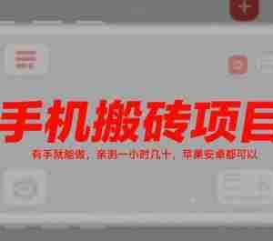 手机搬砖项目，有手就能做，亲测一小时几十，苹果安卓都可以
