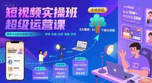 短视频实操班超级运营课,新手小白到短视频大神必修课程,剪辑-拍摄-运营-直播-变现