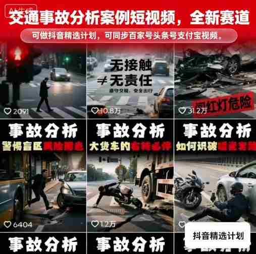 交通事故分析案例短视频，全新赛道，可做抖音精选计划，可同步百家号头条号支付宝视频号平台