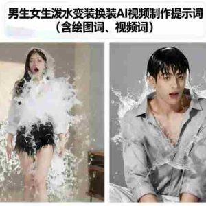 男生女生泼水变装换装AI视频制作提示词(含绘图词、视频词)