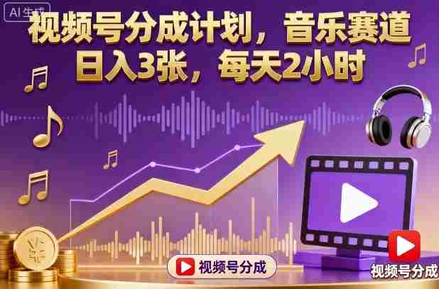 视频号分成计划,音乐赛道,日入3张,每天2小时