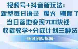 视频号加抖音新玩法：爆火新型每日语录，收徒教学加分成计划，三种变现玩法，当日变现7张